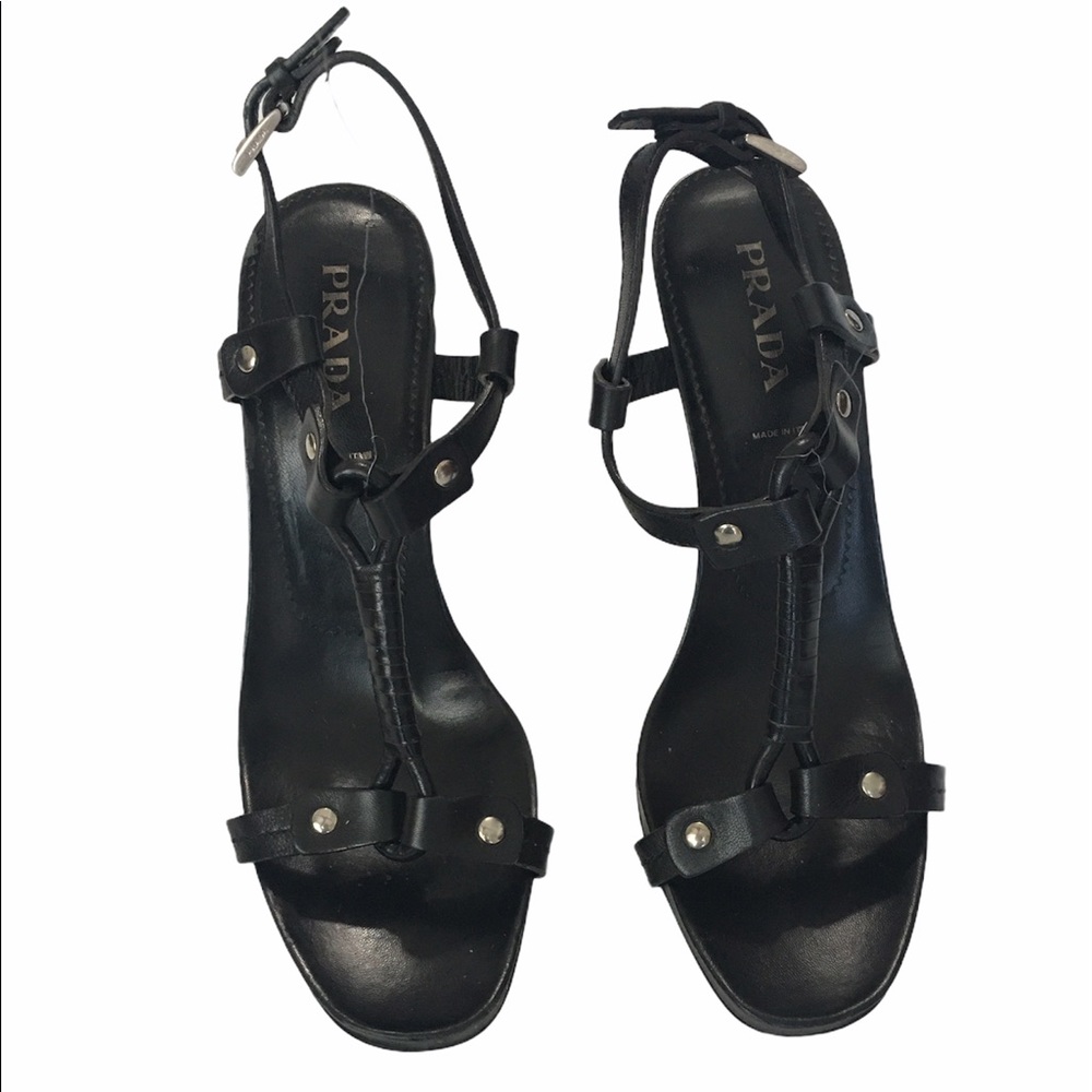 Prada Italian Leather High Hell Black Sandals Size 8.5